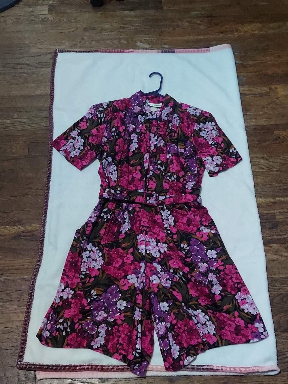 Vintage Floral Short-Sleeve Romper in Pink, Fushia  & Purple